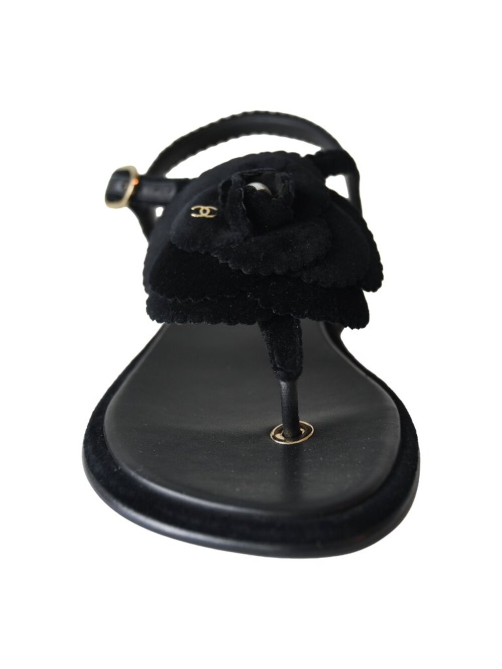 Chanel Velvet Pearl Camellia Thong Sandals Black - Picture 5 of 5